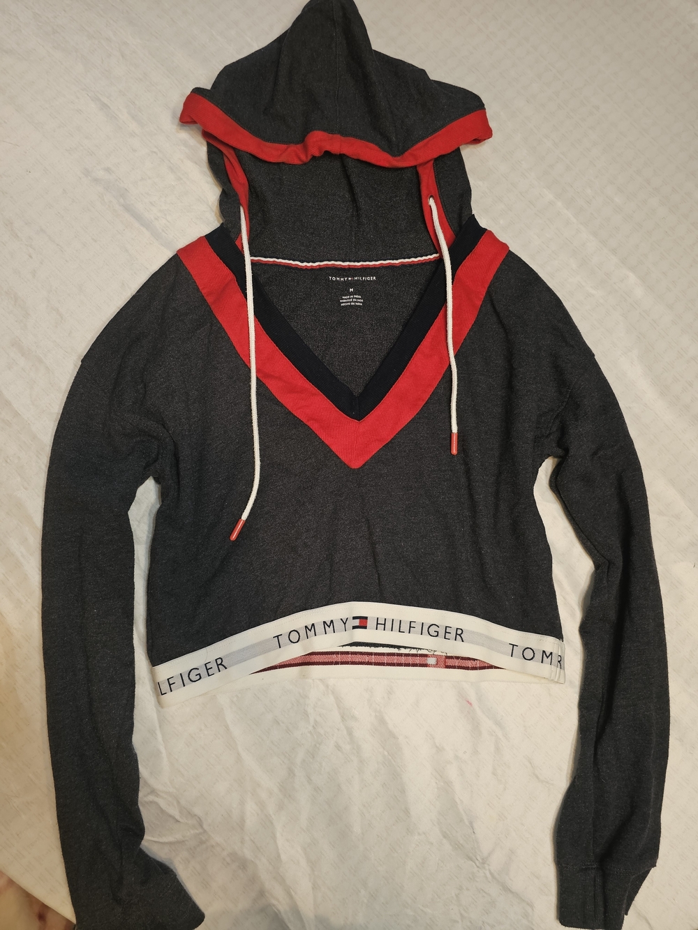 Tommy Hilfiger Women's Charcoal Cropped Hoodie Sweater with Red Trim